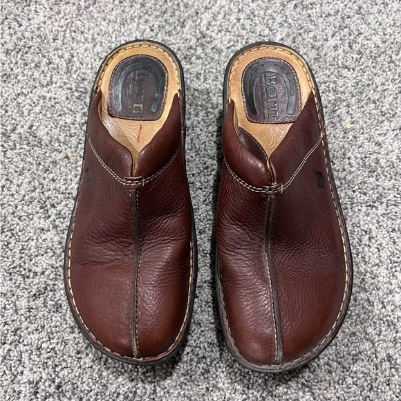 BORN Shoes Womens 8 Brown Platform Wedge Leather Clogs Mule Cottagecore Slip On - Picture 1 of 13